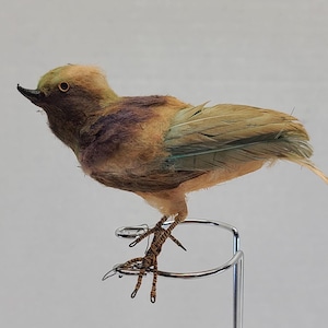 Vintage Antique Spun Cotton Wire Bird Christmas Tree Ornament Feather Primitive Yellow Brown Holiday Seasonal Home Accent Decor Decoration