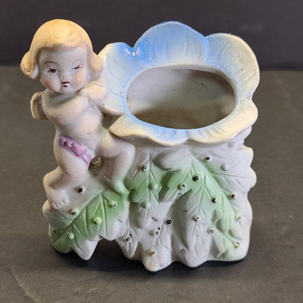 Occupied Japan Ceramic Porcelain Bisque Cherub Putti Angel Flower Planter Vase Home Accent Decor Decoration Collectible