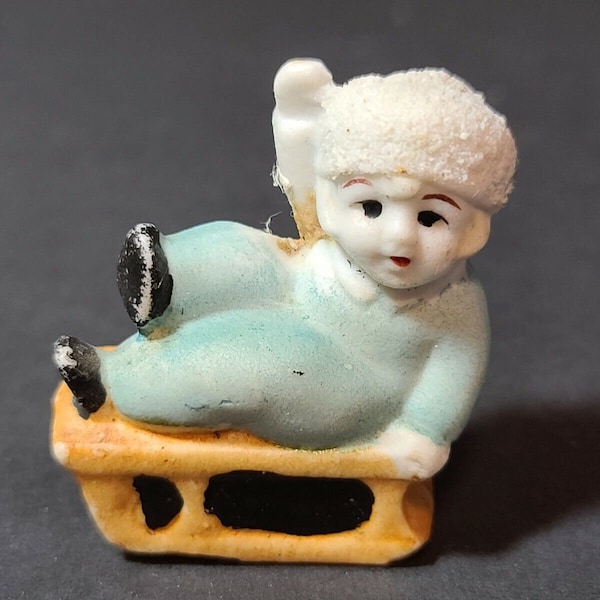 Vintage Bisque Snow Baby Figurine Christmas Porcelain Miniature Sled Sleigh 50s Snowbabies Figure Holiday Decor Decoration Seasonal Accent