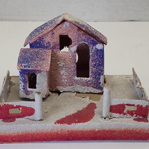 Vintage Christmas Village Decoration Mica Putz Paper Cardboard House Fence Japan Snow White Pink Purple Red Holiday Seasonal Decor
