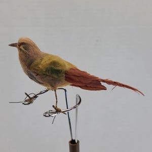 Vintage Antique Spun Cotton Wire Bird Christmas Tree Ornament Feather Primitive Yellow Red Holiday Seasonal Home Accent Decor Decoration