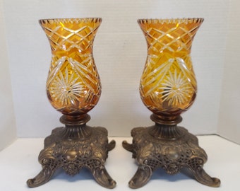 Antique Amber Cut Art Glass Brass Candlestick Pair: Bohemian Home Decor Lighting, Hurricane Candle Holder Luster