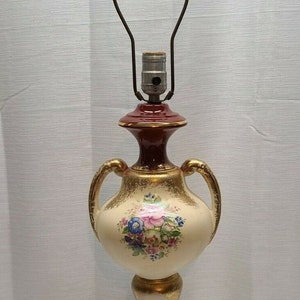 Vintage Antique Ceramic Art Pottery Desk Table Lamp Light Floral Gold Gilt Old Accent Lighting Home Decor Desk Hall Victorian Rose Urn Pink