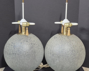 Pair Vintage Mid Century Modern Crackle Glass Ball Globe Sphere Table Lamp Light