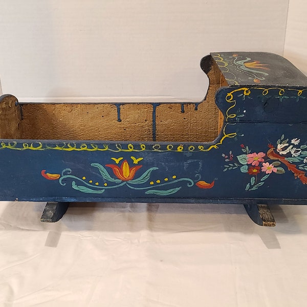 Vintage Antique Primitive Folk Art Baby Doll Cradle Rocker Rocking Wood Toy 22" Hand Painted Crafted Blue Country Home Accent Decor Yellow