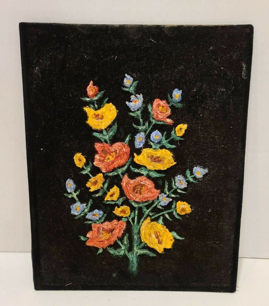 Vintage Antique Black Velvet Floral Flower Painting Art Acrylic