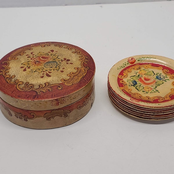 Vintage Paper Mache Floral Coasters Occupied Japan 40s Eight Rose Container Box Plate Kitchenware Barware Flowers Home Accent Decor