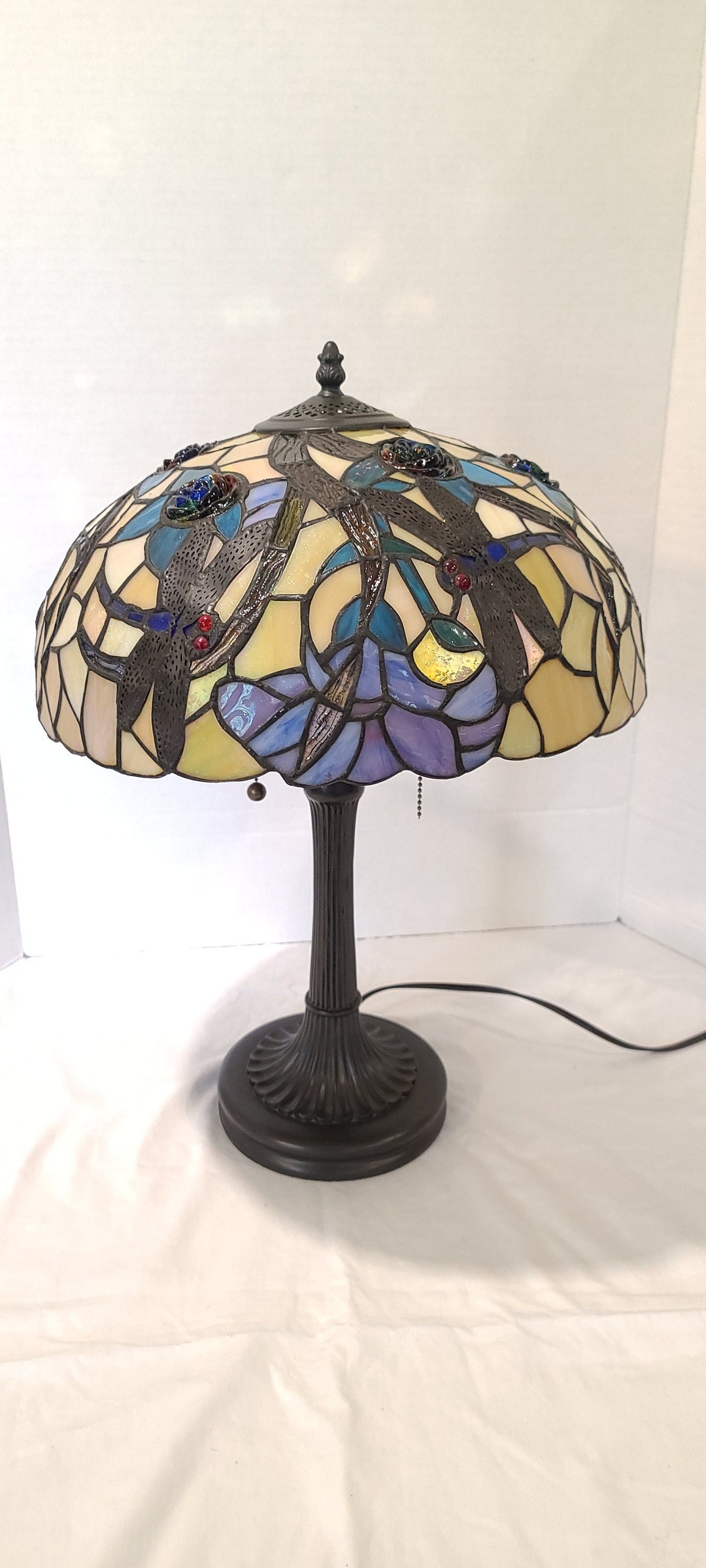 Vintage Dragonfly Stained Glass Tiffany Style Table Desk Hall Accent