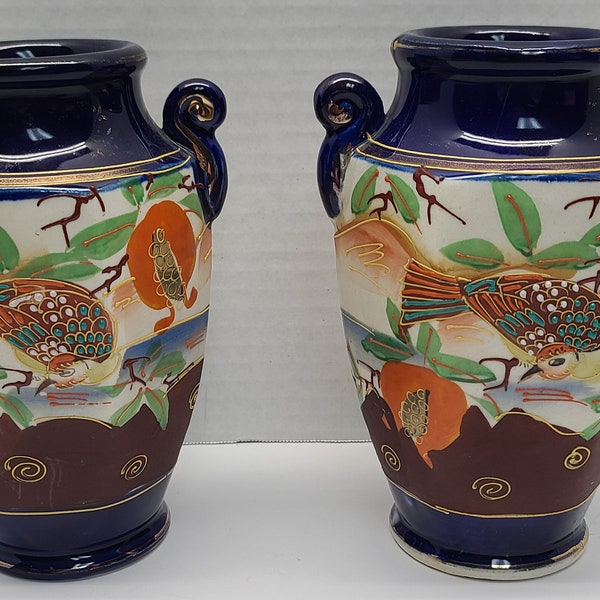 Vintage Japanese Japan Moriage Vase Pair Hand Painted Bird Fruit Porcelain Blue Orange Home Accent Decor Peacock White