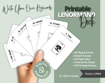 Può includere: Mazzo di carte Lenormand stampabile con 36 carte. Le carte sono bianche con testo e immagini nere. Le carte misurano 8 per 12 centimetri. L'immagine mostra una mano che tiene un ventaglio di carte.
