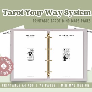 May include: A digital download of a Tarot Your Way System. The image shows a binder with pages featuring tarot card illustrations and text. The text includes "The Fool" and "Seven of Cups". The design is minimalist, with a pink digital download badge.