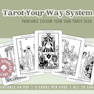 May include: A collection of printable tarot cards with black and white illustrations, including "The Chariot" and "Ace of Swords." The cards are part of the "Tarot Your Way System" and are designed to be colored. The image also includes the text "Digital Download Only."