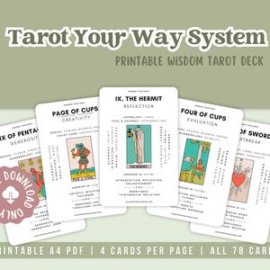 Könnte beinhalten: Ein Satz druckbarer Tarotkarten aus dem "Tarot Your Way System". Die Karten zeigen Illustrationen und Text, darunter "Page of Cups" und "The Hermit". Das Bild enthält auch den Text "Digital Download Only".