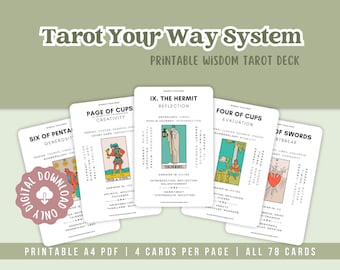 May include: A collection of printable tarot cards from the "Tarot Your Way System." The cards feature illustrations and text, including "Page of Cups" and "The Hermit." The image also includes the text "Digital Download Only."