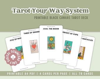 May include: A digital download of a Tarot deck with the text "Tarot Your Way System". The image shows five Tarot cards with illustrations and titles, including "The Moon" and "Knight of Cups". The deck is described as a printable A4 PDF with 78 cards.