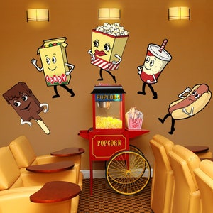 Dancing Snacks Cutout Wall Decal Set 12 to 48 Inch Tall, Concession Lobby Treats, Pop Corn, Candy Cartoon Character, Home Theater Media Room