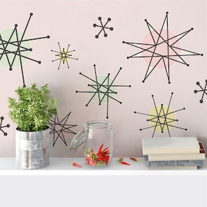 Wall Decals; Set Of 50 Atomic Starburst And Accents, 50s Mid Century Modern MCM Style Peel & Stick Decals for Walls and Home Decor,