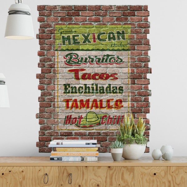 Mexican Food Menu Faux Brick Mural Jumbo Peel & Stick Graphic Vinyl Wall Decal Vintage Lime Retro Taco Burrito Enchilada Tamales Ghost Print