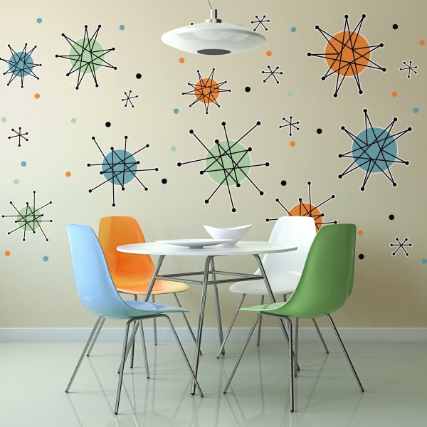 Atomic Starburst Decals Set Of 50 Plus Accents, Large MCM Decor,Peel and Stick Graphics for Inside and Outside Use