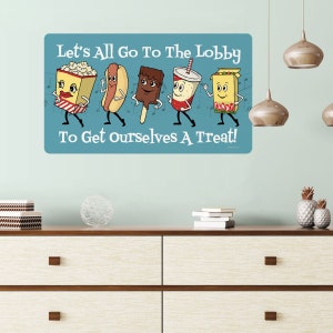 Lets Go to the Lobby Snacks Wall Decal Dancing Concession Stand Cartoon Pop Corn Retro Home Movie Theater Media Room Decor Film Characters