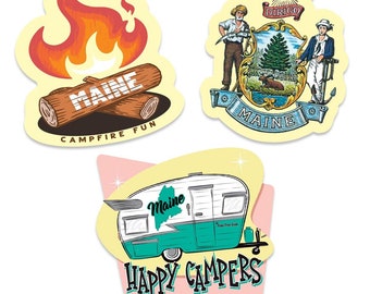 Sticker Set; Maine Campfire, State Motto & Happy Campers, Set of 3 Vinyl Die Cut Stickers, Peel and Stick for Car, Laptop, Water Bottle, etc