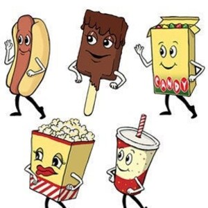 May include: Five cartoon characters representing different food items: a hot dog, a chocolate popsicle, a box of candy, a popcorn bucket, and a cup of soda. Each character has a smiling face and is walking with arms and legs.