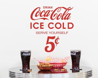 Drink Coca-Cola Script Ice Cold 5 Cents Cut Vinyl Wall Decal Set Officially License Logo Brand Diner Kitchen Home Decor Collectible Soda