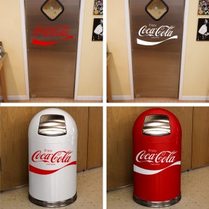 Enjoy Coca-Cola 1970s Script Vinyl Wall Decal is available in Red or White Colored Vinyl. Shown here in applied to a metal door and trash bin.