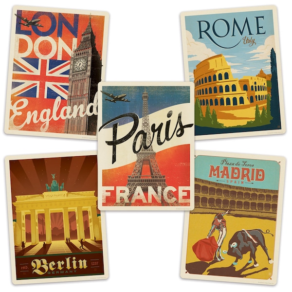 European Cities World Travel Bumper Stickers Set of 5 Luggage Decals World Travel Souvenir Jet Setter Gift Paris Berlin Madrid Rome London