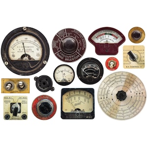 May include: A collection of vintage analog gauges and dials with various labels, including "Frequency Band Selector", "R.F. Level", "Condenser Meter", "R.F. Control-2", and "Kilocycles".
