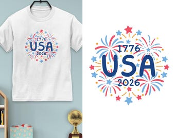 USA Fireworks Doodles 1776-2026 T-Shirt Youth XS-XL, 100% Cotton, Patriotic Kids Shirt