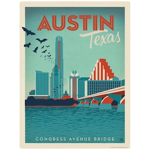 May include: A vintage-style travel poster featuring the Austin, Texas skyline. The poster has a teal and orange color scheme, with the city name in red and the state name in white. The Congress Avenue Bridge is visible, with bats flying in the sky.
