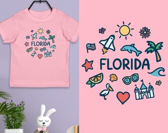 Florida Playful Icons Toddler T-Shirt, Unisex 2T-5/6, 100% Cotton, Travel Souvenir Shirt