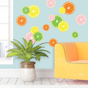 Fruit Slice Wall Decals, Retro Kitchen Decor, Set of 16