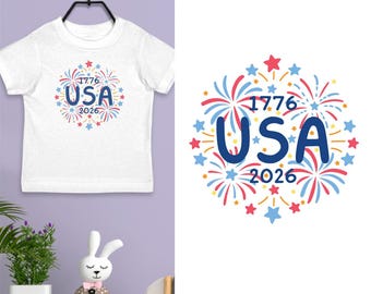 USA Fireworks Doodles 1776-2026 Toddler T-Shirt 2T-5/6, 100% Cotton, Patriotic Kids Shirt