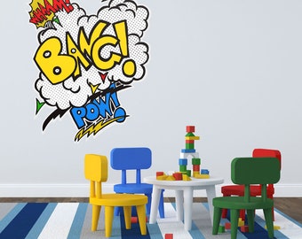 Wham Bang Pow Comic Sounds Cut-Out Wall Decal, Gameroom Wall Stickers, Dorm, Kid's Room Wall Decals, Superhero Fight Sounds, Playroom  Decal