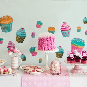Cupcakes Vinyl Wall Decals, Set Of 26 With Colorful Graphics, Peel & Stick Wall Stickers, For Kitchen, Classroom, Kids Room, Bakery Accents