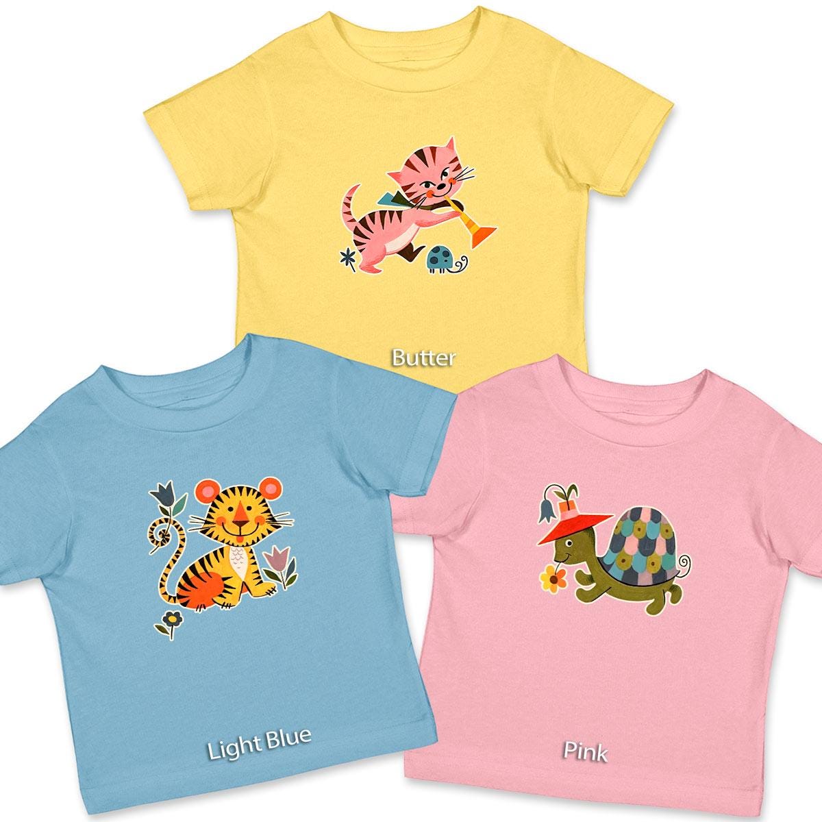 Toddler T-Shirt, Retro Animal Graphics, Choose From Cat, Cow, Elephant, Lion, Tiger, or Turtle, Unisex 2T-5/6, 100% Cotton T-Shirt