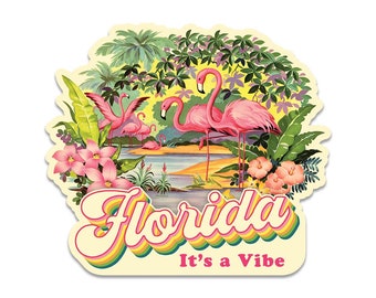 Mini Vinyl Sticker; Florida Flamingos It's A Vibe, Waterproof State Pride Bumper Sticker for Water Bottle, Laptop, Notebook and More!
