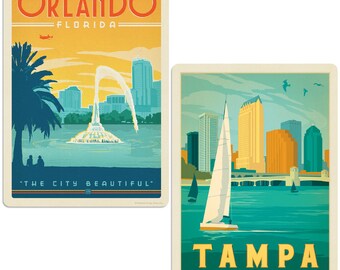 Vinyl Decal Set; Orlando Tampa Florida, Set of 2 Peel and Stick Graphics, Removable Wall Stickers, Vintage Style for Home or Office