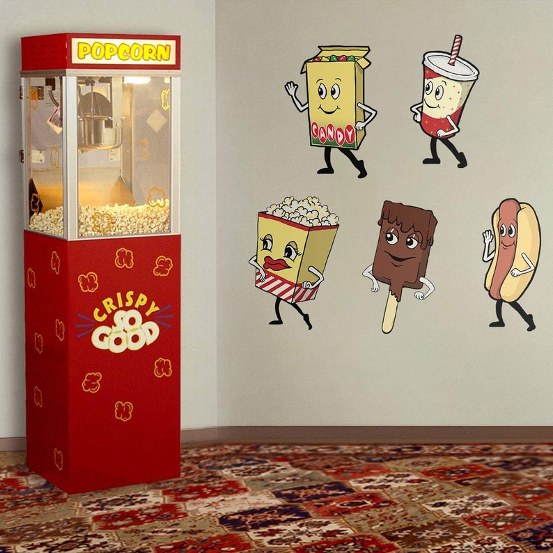 May include: A red popcorn machine with the words "Popcorn" and "Crispy So Good" on the front. The machine is in front of a wall with cartoon food characters, including a box of candy, a cup of soda, a box of popcorn, a popsicle, and a hot dog.