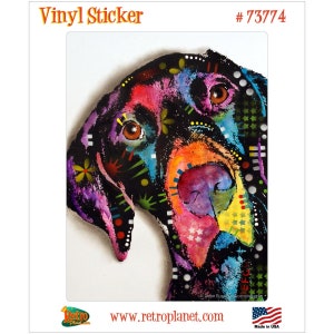 May include: A colorful vinyl sticker featuring a stylized dog portrait. The dog's black fur is adorned with vibrant patterns in pink, purple, orange, and yellow. The sticker has the text "Vinyl Sticker" and the number "73774".