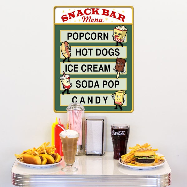 Snack Bar Menu Dancing Snacks Wall Decal Peel and Stick Concession Stand Sign, Retro Home Movie Theater, Media Room Decor Wall Sticker