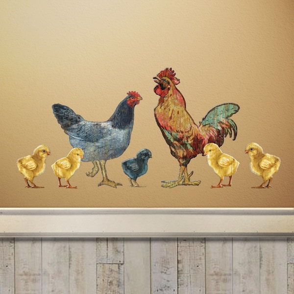 Chicken Family Farm Wall Decal Sheet Of 14 Decals Realistic Folk Art for Kitchen Nursery and Bedroom Folktale Hens and Roosters Baby Chicks