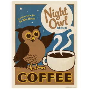 Night Owl Coffee Vinyl Sticker–Laptop Decal–Bumper Sticker–Car Window Decal–Vintage Style–Coffee Canister Decal