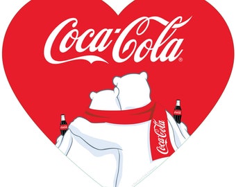 Vinyl Sticker; Coca-Cola Polar Bear Snuggle Heart, Vintage Style Soda Decal