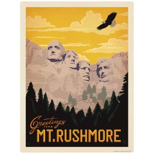 May include: A vintage-style poster featuring Mount Rushmore with a golden sky and an eagle in flight. The bottom of the poster reads "Greetings from MT. RUSHMORE" in a decorative font. The foreground shows dark green trees.