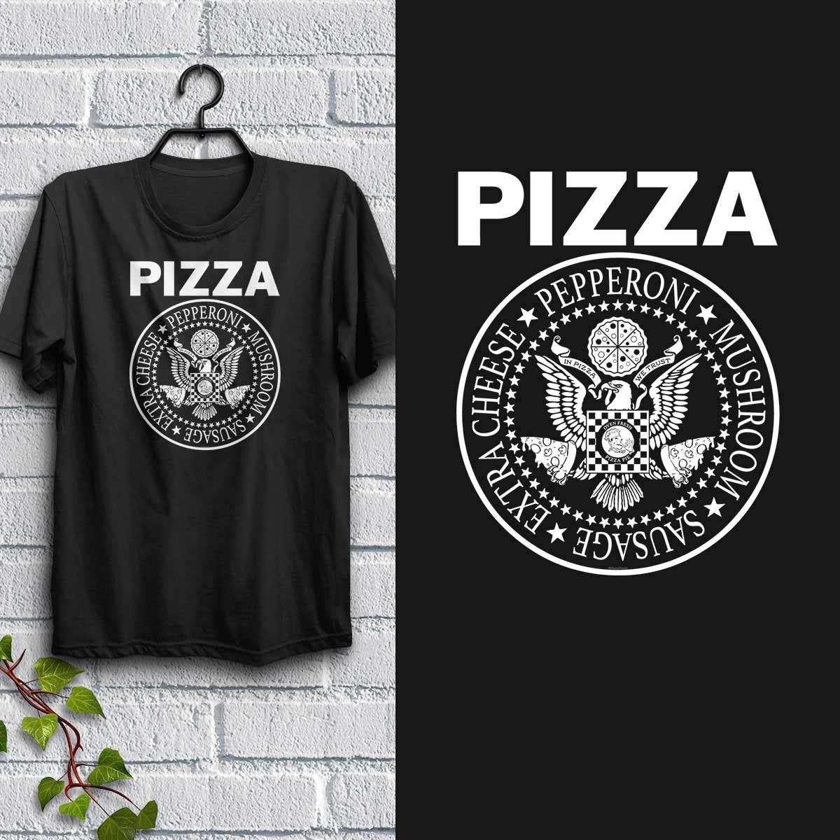 T-shirt; Pizza Punk Rock Style Logo, Pepperoni, Mushroom, Sausage