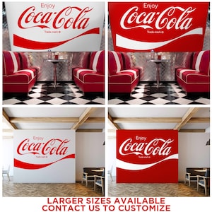 Enjoy Coca-Cola 1970s Script Vinyl Wall Decal is available in Red or White Colored Vinyl. Shown here in diner settings.
Larger sizes are available for your customized needs. Contact us with your request.