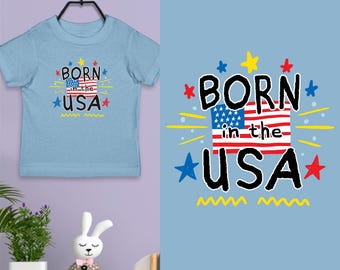 Camiseta infantil "Born in The USA Flag Stars" (Nacido en EE. UU.) Tallas 2T-5/6, 100% algodón, Camiseta patriótica para niños